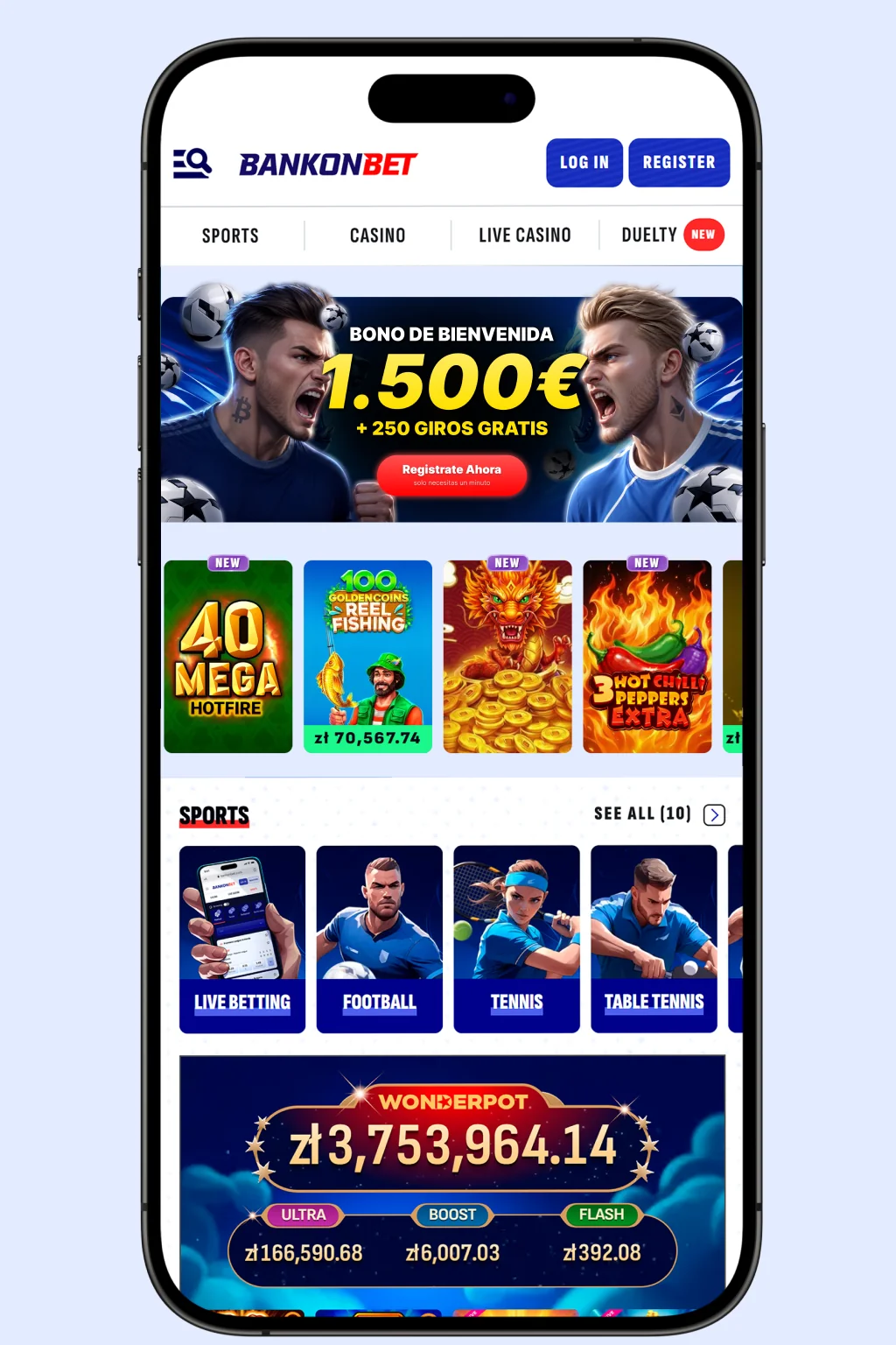 App móvil de bankonbetspain con secciones de deportes y casino
